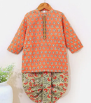 100% Cotton Full Sleeves Kurta & Dhoti floral print- Orange