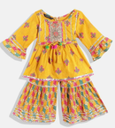 Three fourth bell sleeves flower printed style kurta with coordinating gota lace
